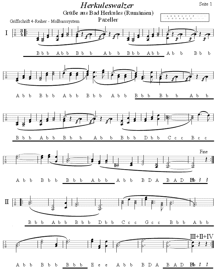 Herkuleswalzer von Pazeller - Seite 1 - in Griffschrift f�r Vierreihige Steirische Harmonika. 
Bitte klicken, um die Melodie zu h�ren.