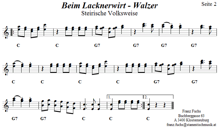 Beim Lacknerwirt, Walzer, Seite 2 in zweistimmigen Noten.| 
Bitte klicken, um die Melodie zu hren.