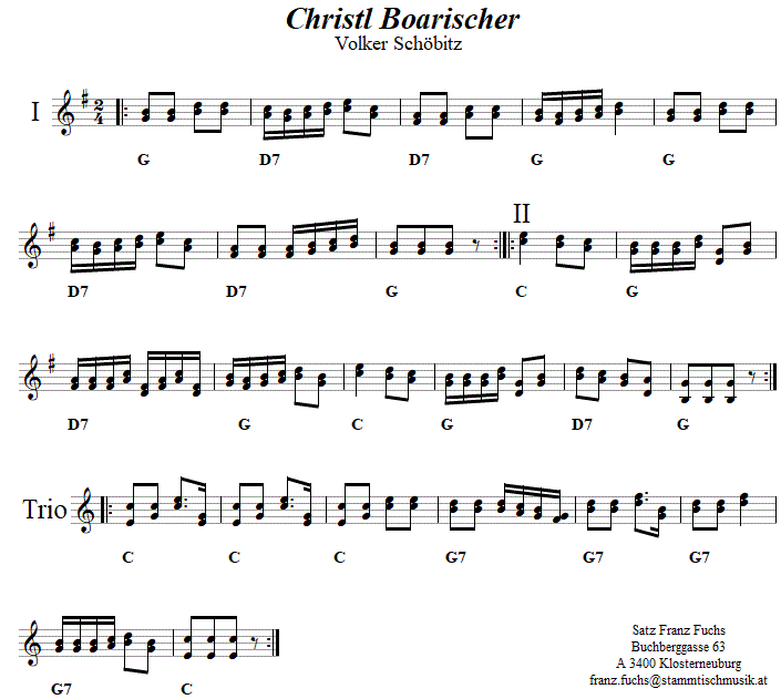 Christl Boarischer von Volker Schbitz in zweistimmigen Noten. 
Bitte klicken, um die Melodie zu hren.