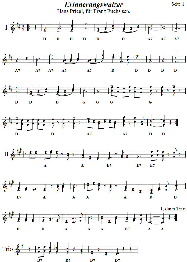Einnerungswalzer von Hans Priegl aus Wien, Seite 1, in zweistimmigen Noten. Klicken Sie auf die Noten, hren sie die Melodie.