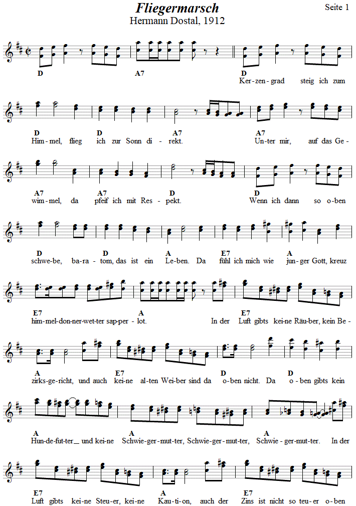 Fliegermarsch von Hermann Dostal, Seite 1,  in zweistimmigen Noten. 
Bitte klicken, um die Melodie zu hren.