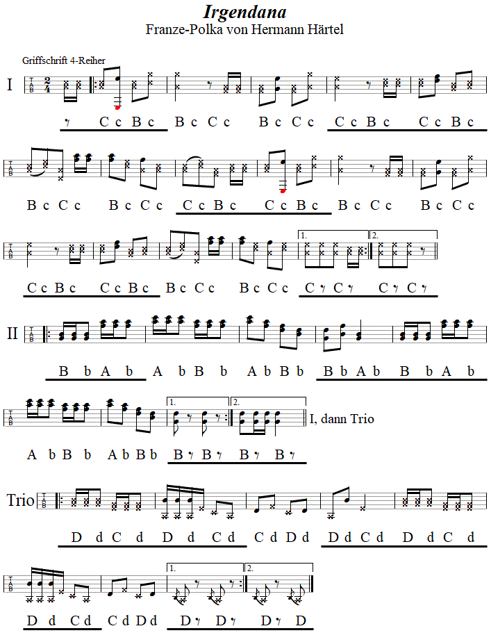 Irgendana, Franze-Polka von Hermann Hrtel in Griffschrift fr Steirische Harmonika. 
Bitte klicken, um die Melodie zu hren.