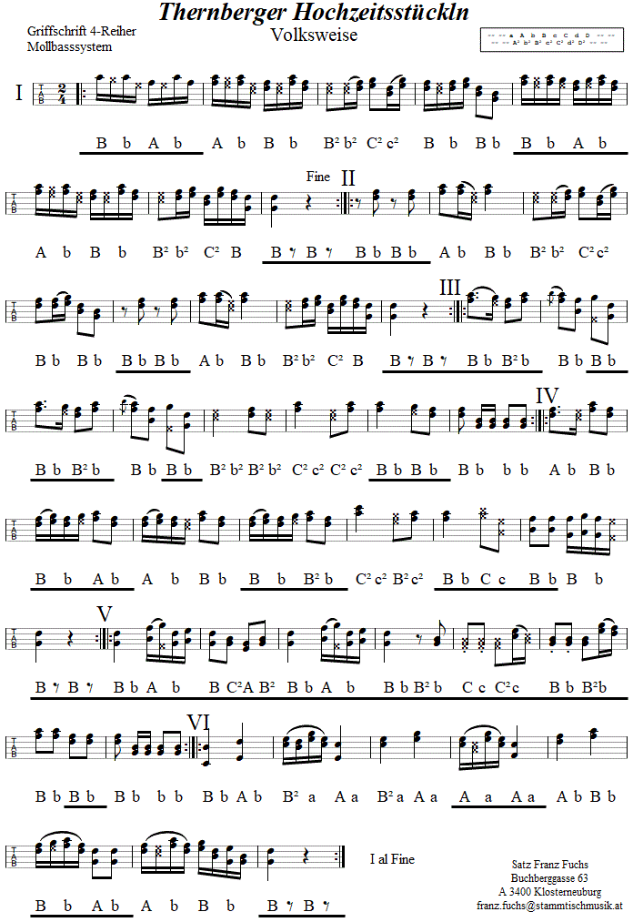 Thernberger Hochzeitsstckln in Griffschrift fr Vierreihige Steirische Harmonika schwerer Satz. 
Bitte klicken, um die Melodie zu hren.