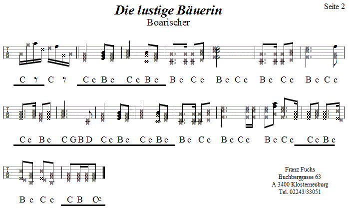Die lustige B�uerin, Seite 2 in Griffschrift f�r Steirische Harmonika. 
Bitte klicken, um die Melodie zu h�ren.
