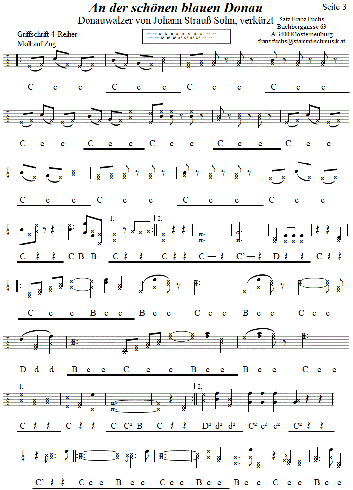 Donauwalzer von Johann Strau, Seite 3 in Griffschrift fr Steirische Harmonika. 
Bitte klicken, um die Melodie zu hren.