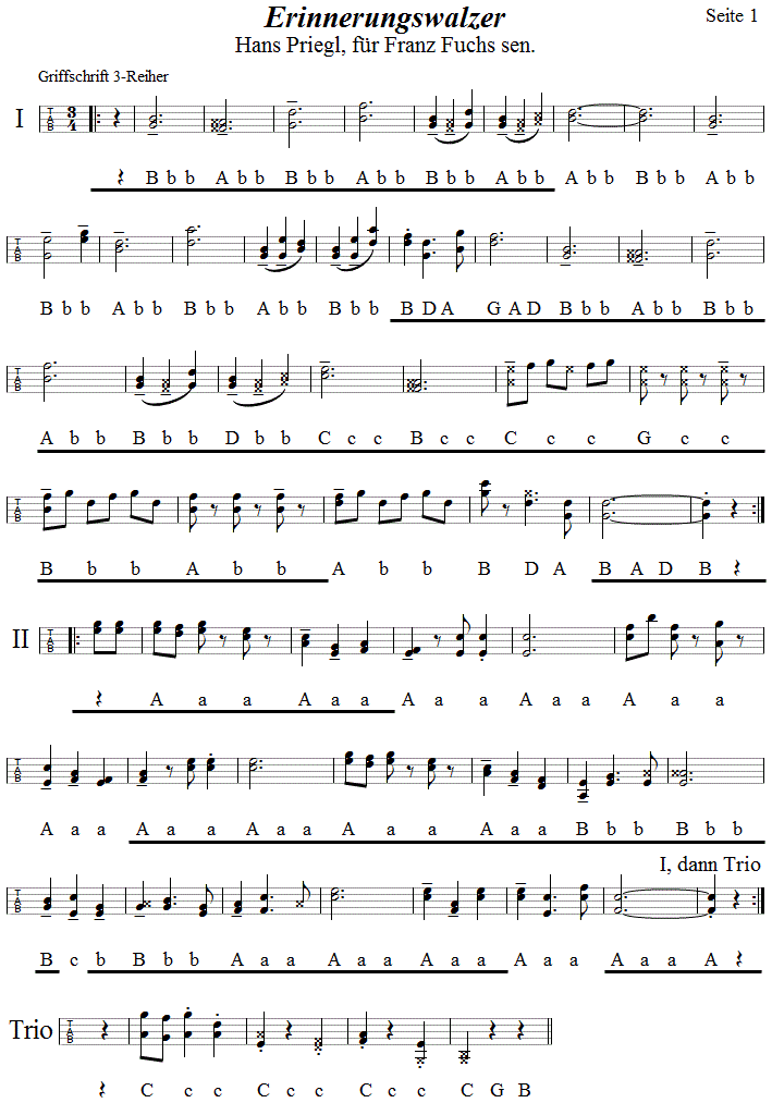 Einnerungswalzer von Hans Priegl aus Wien, Seite 1, in Griffschrift fr Steirische Harmonika,  klicken Sie auf die Noten, hren sie die Melodie.