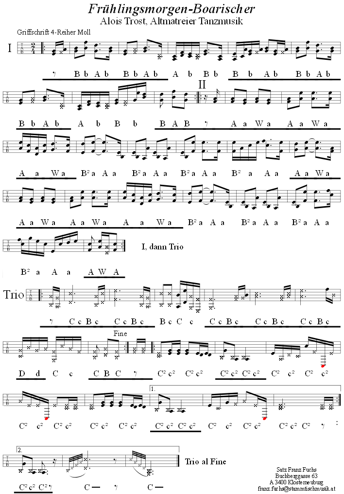 Frhlingsmorgen-Boarischer, in Griffschrift fr Steirische Harmonika. 
Bitte klicken, um die Melodie zu hren.