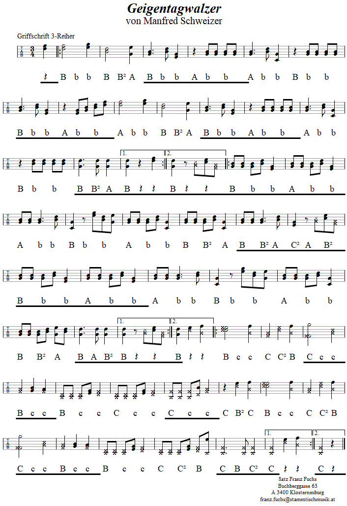 Geigentagwalzer von Manfred Schweizer in Griffschrift fr Steirische Harmonika. 
Bitte klicken, um die Melodie zu hren.