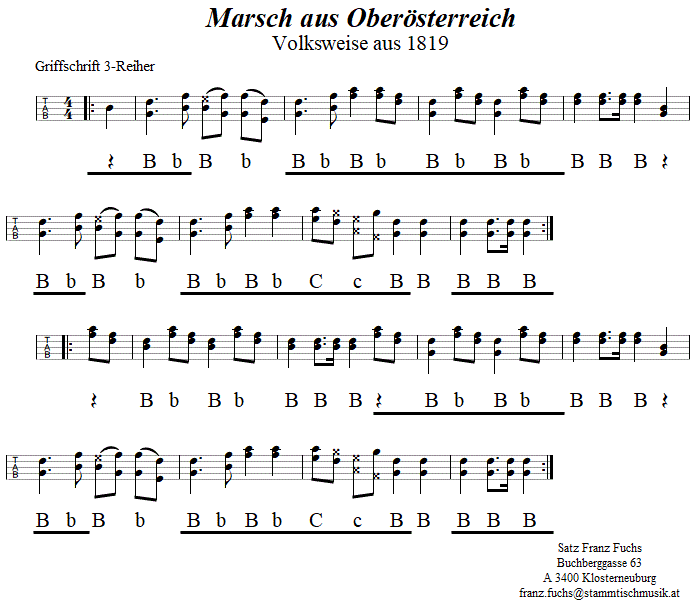 Marsch aus Obersterreich von 1819 in Griffschrift fr Steirische Harmonika. 
Bitte klicken, um die Melodie zu hren.