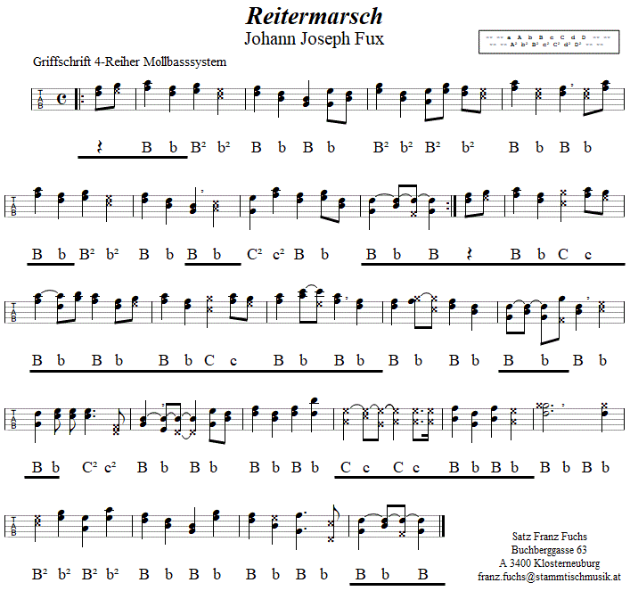 Reitermarsch von Johann Joseph Fux, in Griffschrift fr Steirische Harmonika. 
Bitte klicken, um die Melodie zu hren.