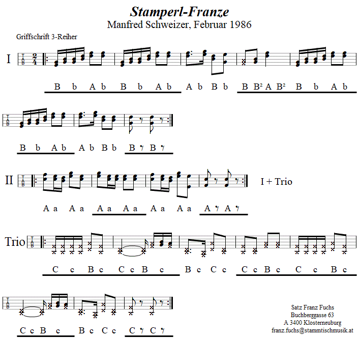 Stamperl-Franze von Manfred Schweizer in Griffschrift fr Steirische Harmonika. 
Bitte klicken, um die Melodie zu hren.