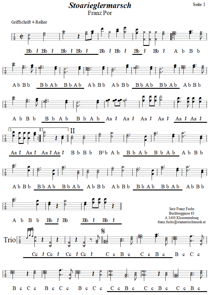 Stoanrieglermarsch von Franz Por, Seite 1 in Griffschrift fr Steirische Harmonika. 
Bitte klicken, um die Melodie zu hren.