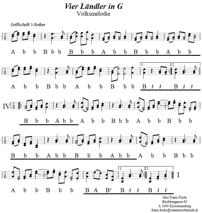 "Vier Lndler in G", Seite 2, in Griffschrift fr Steirische Harmonika. 
Bitte klicken, um die Melodie zu hren.