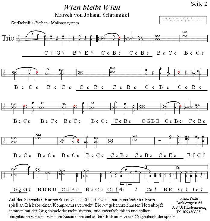 Wien bleibt Wien-Marsch von Johann Schrammel, Seite 2 in Griffschrift f�r Vierreihige Steirische Harmonika. 
Bitte klicken, um die Melodie zu h�ren.