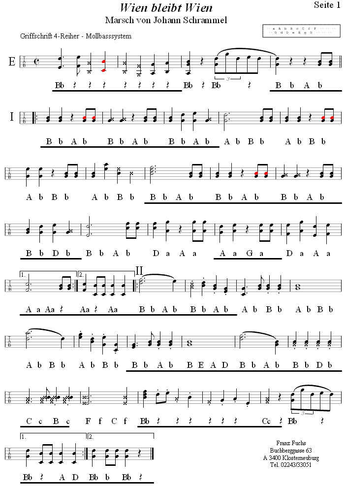 Wien bleibt Wien-Marsch von Johann Schrammel, Seite 1 in Griffschrift f�r Vierreihige Steirische Harmonika. 
Bitte klicken, um die Melodie zu h�ren.