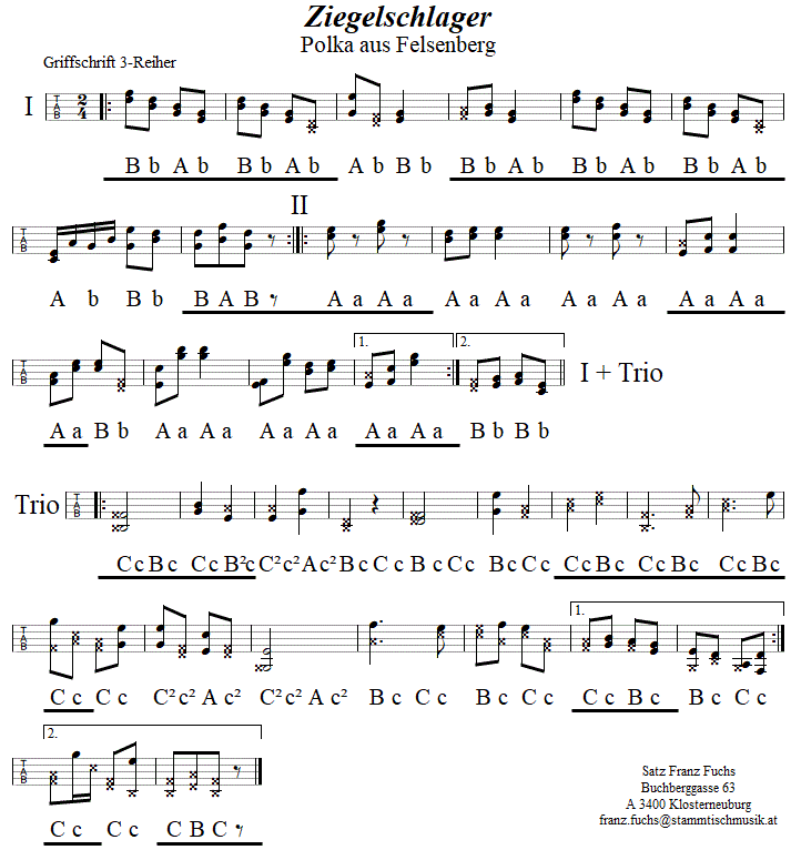 Ziegelschlager Polka in Griffschrift fr Steirische Harmonika. 
Bitte klicken, um die Melodie zu hren.