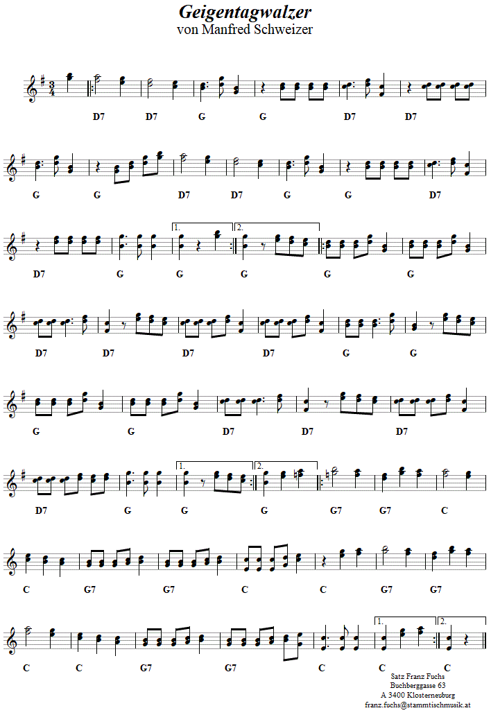 Geigentagwalzer von Manfred Schweizer in zweistimmigen Noten, Seite 1. 
Bitte klicken, um die Melodie zu hren.