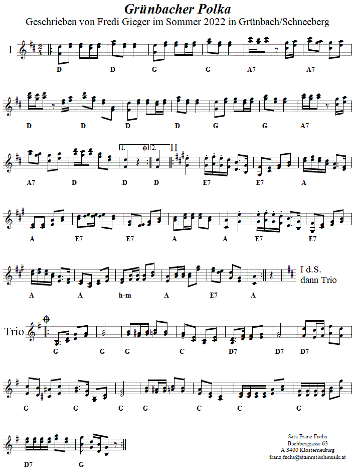 Grnbacher Polka von Fredi Gieger, in zweistimmigen Noten. 
Bitte klicken, um die Melodie zu hren.