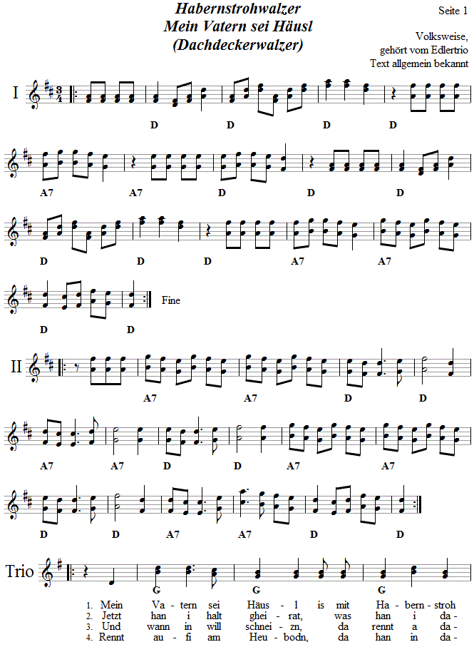 Habernstrohwalzer in zweistimmigen Noten, Seite 1. 
Bitte klicken, um die Melodie zu hren.
