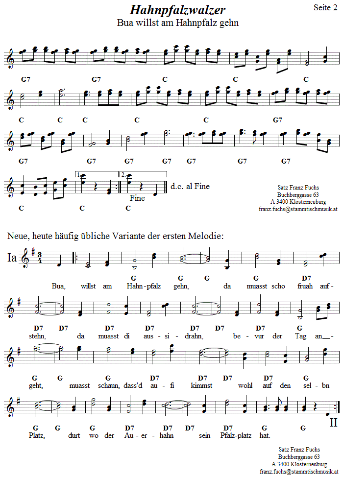 Hahnpfalzwalzer in zweistimmigen Noten, Seite 2. 
Bitte klicken, um die Melodie zu hren.