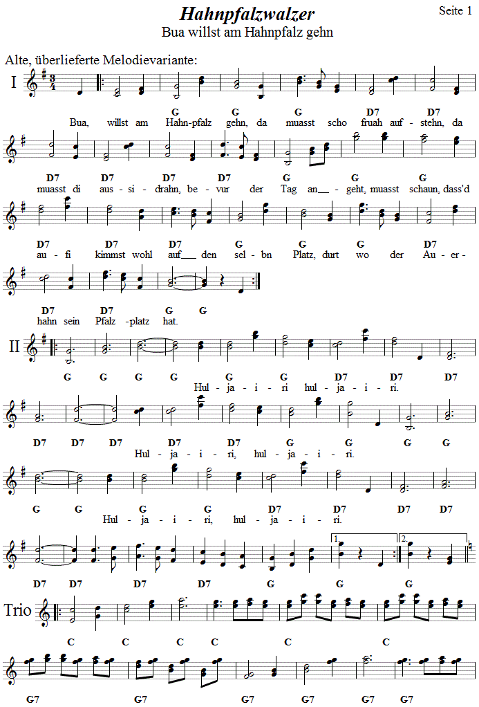 Hahnpfalzwalzer in zweistimmigen Noten, Seite 1. 
Bitte klicken, um die Melodie zu hren.