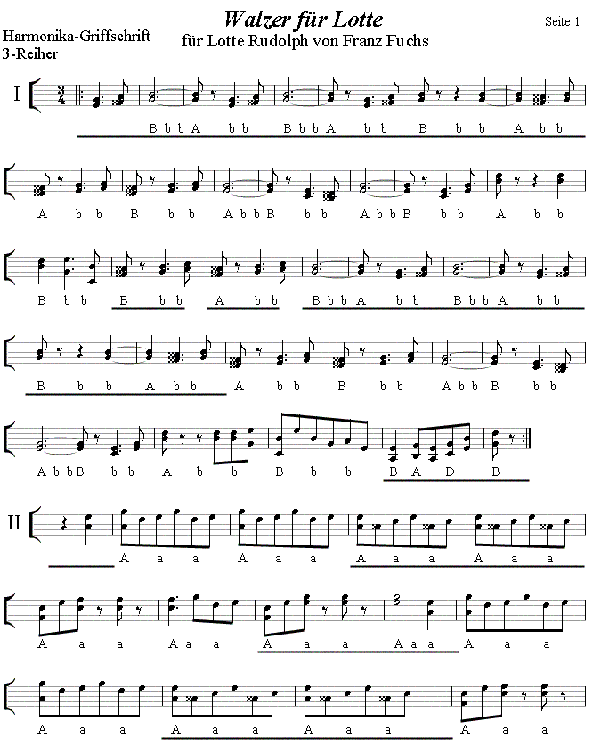 Walzer f�r Lotte 1 von Franz Fuchs in Griffschrift f�r steirische Harmonika. 
Bitte klicken, um die Melodie zu h�ren.