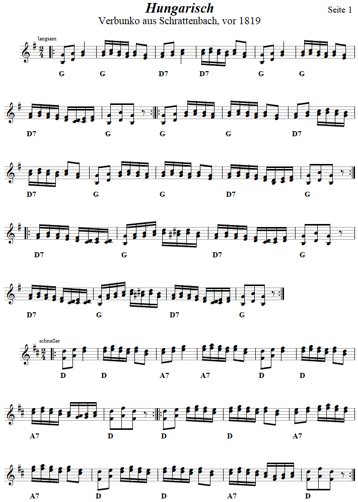 Hungarisch in zweistimmigen Noten, Seite 1. 
Bitte klicken, um die Melodie zu hren.
