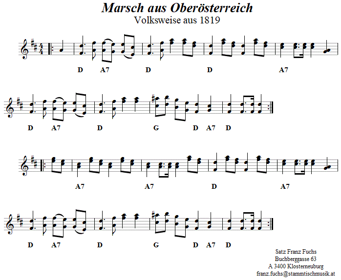 Marsch aus Obersterreich von 1819 in zweistimmigen Noten. 
Bitte klicken, um die Melodie zu hren.