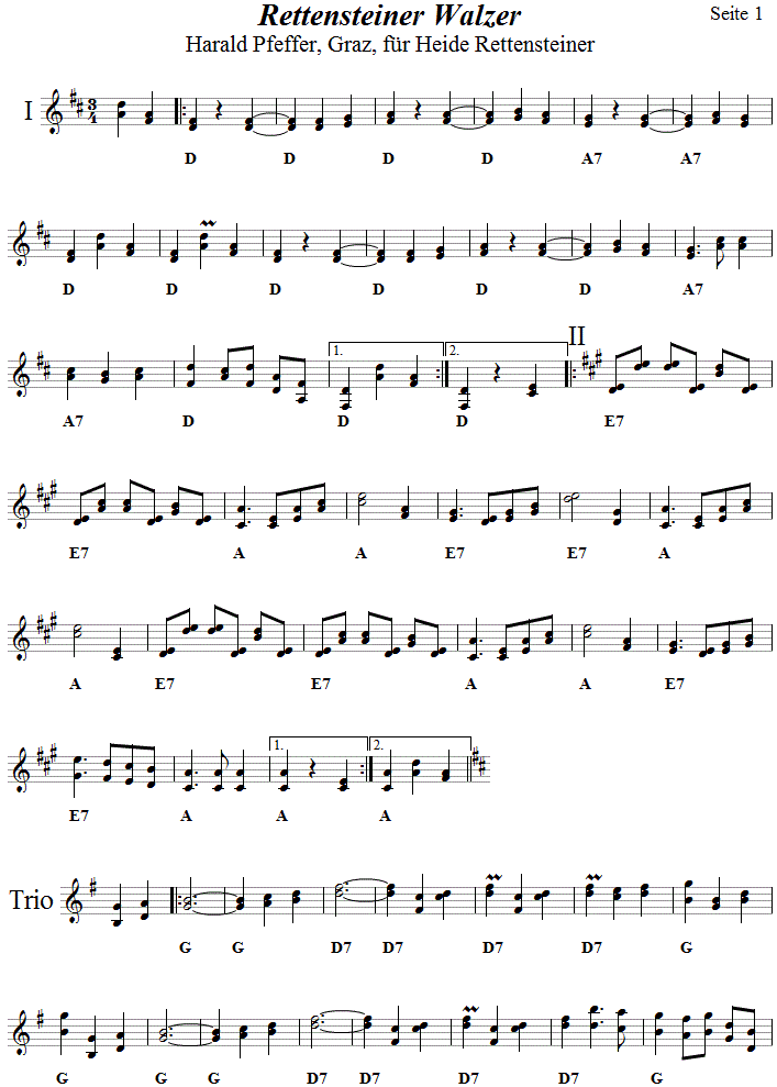 Rettensteiner Walzer Seite 1 in zweistimmigen Noten. 
Bitte klicken, um die Melodie zu hren.