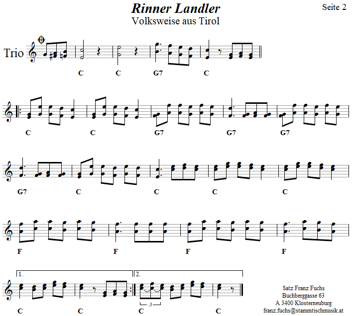 Rinner Landler in zweistimmigen Noten, Seite 2. 
Bitte klicken, um die Melodie zu hren.