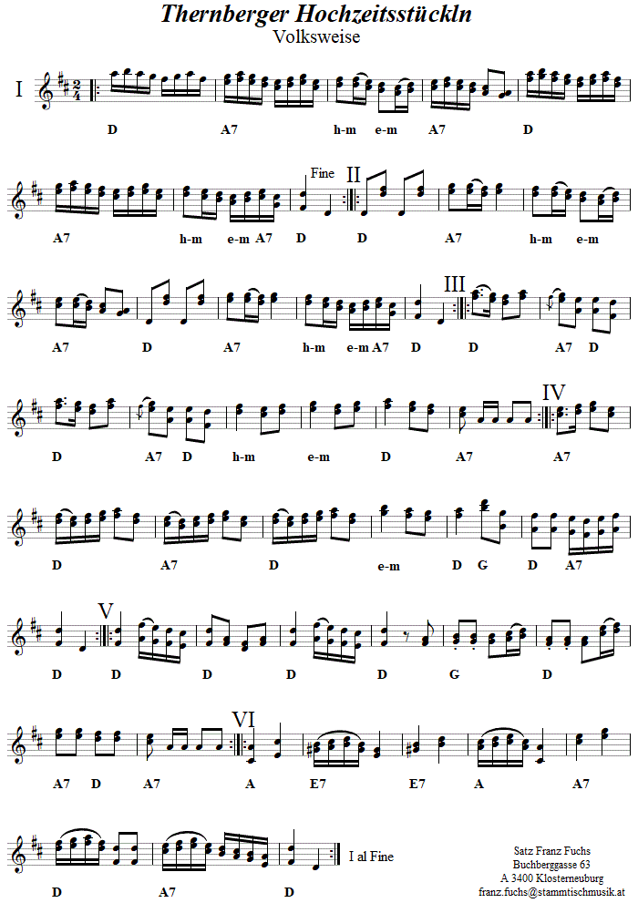 Thernberger Hochzeitsstckln in zweistimmigen Noten, schwerer Satz. 
Bitte klicken, um die Melodie zu hren.