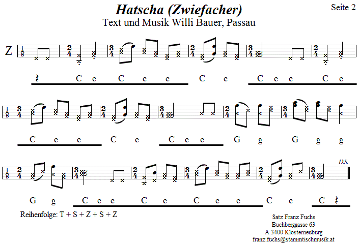 Hatscha, Zwiefacher von Willi Bauer in Griffschrift fr Steirische Harmonika, Seite 2. 
Bitte klicken, um die Melodie zu hren.