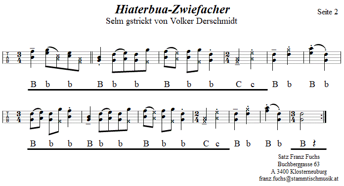 Hiaterbua, Zwiefacher von Volker Derschmidt in Griffschrift fr Steirische Harmonika, Seite 2. 
Bitte klicken, um die Melodie zu hren.