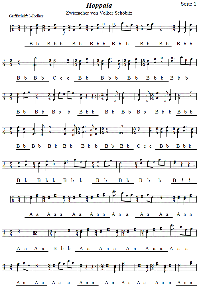 Hoppala Zwiefacher von Volker Schbitz, Seite 1, in Griffschrift fr Steirische Harmonika. 
Bitte klicken, um die Melodie zu hren.