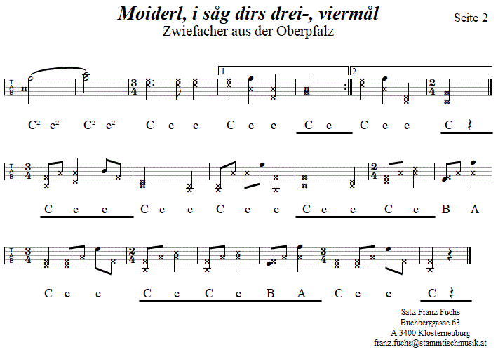 Moiderl, i sg dirs drei- vierml, Zwiefacher in Griffschrift fr Steirische Harmonika. 
Bitte klicken, um die Melodie zu hren.