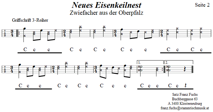 Neues Eisenkeilnest, Seite 2, Zwiefacher in Griffschrift fr Steirische Harmonika. 
Bitte klicken, um die Melodie zu hren.