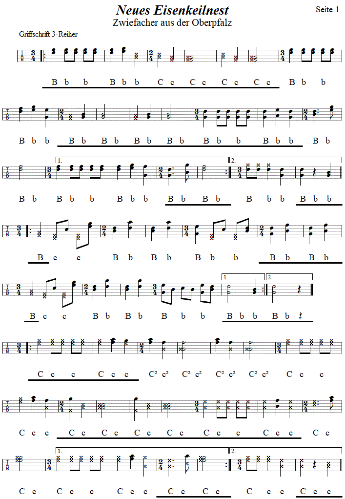 Neues Eisenkeilnest, Seite 1, Zwiefacher in Griffschrift fr Steirische Harmonika. 
Bitte klicken, um die Melodie zu hren.