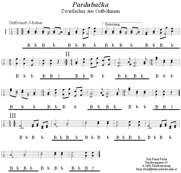 Pardubacka, Pardubatschka Zwiefacher in Griffschrift fr Steirische Harmonika. 
Bitte klicken, um die Melodie zu hren.