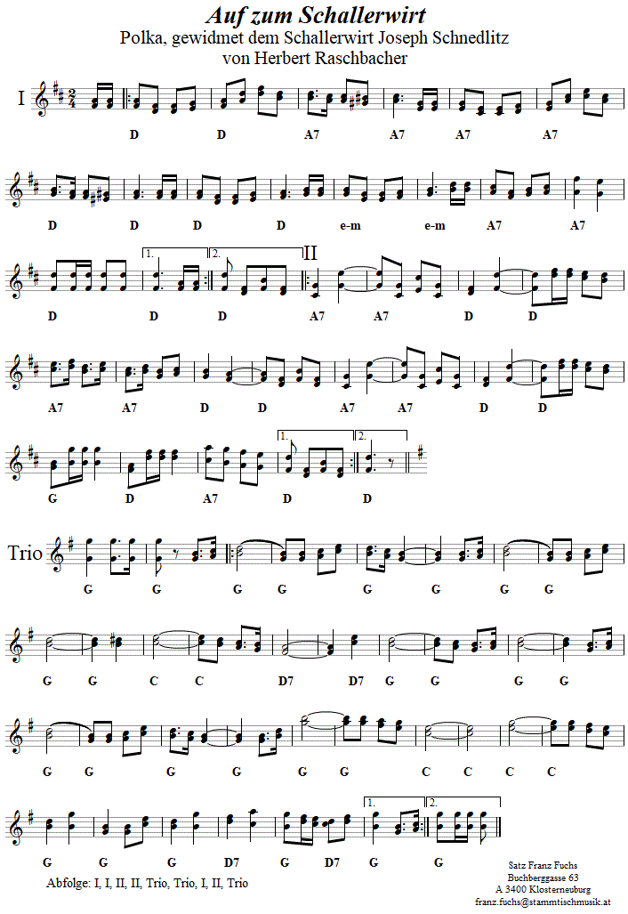 Auf zum Schallerwirt, Polka von Herbert Raschbacher in zweistimmigen Noten. 
Bitte klicken, um die Melodie zu hren.