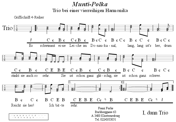 Muntipolka, Trio in Griffschrift für Vierreihige Harmonika.
Bitte klicken, um die Melodie zu hören.
