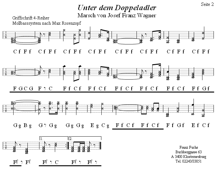 Unter dem Doppeladler, Marsch von Josef Franz Wagner 2 in Griffschrift für Steirische Harmonika. 
Bitte klicken, um die Melodie zu hören.