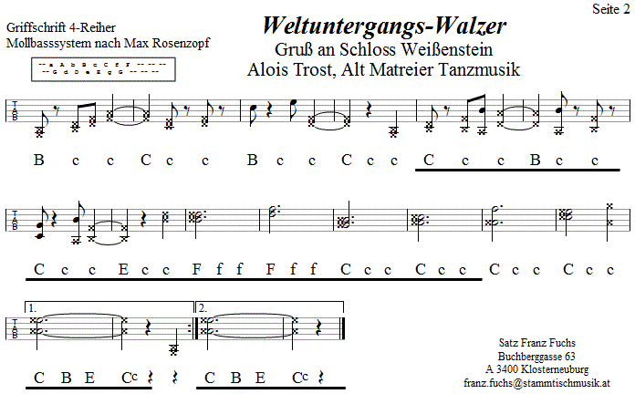 Weltuntergang, Gruß an Schloss Weißenstein, Seite 2 in Griffschrift für Steirische Harmonika. 
Bitte klicken, um die Melodie zu hören.