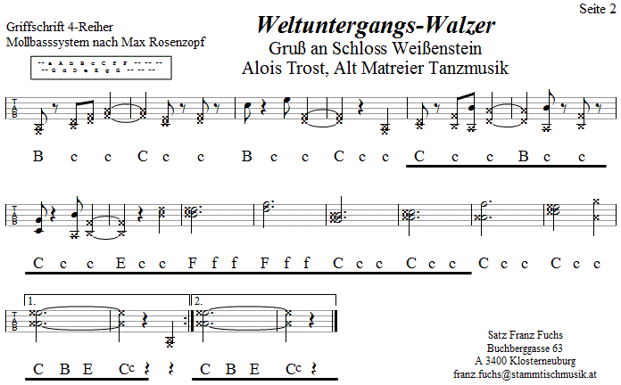 Weltuntergang, Gru an Schloss Weienstein, Seite 2 in Griffschrift fr Steirische Harmonika. 
Bitte klicken, um die Melodie zu hren.