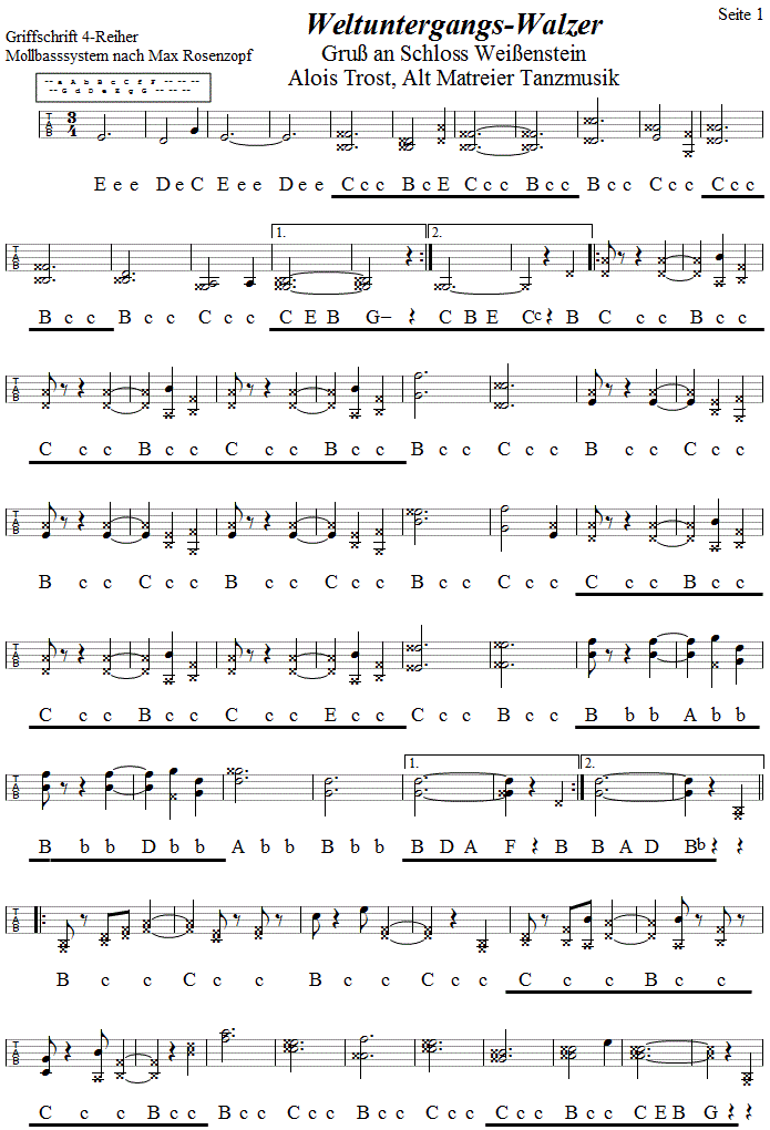 Weltuntergang, Gru an Schloss Weienstein, Seite 1, in Griffschrift fr Steirische Harmonika. 
Bitte klicken, um die Melodie zu hren.