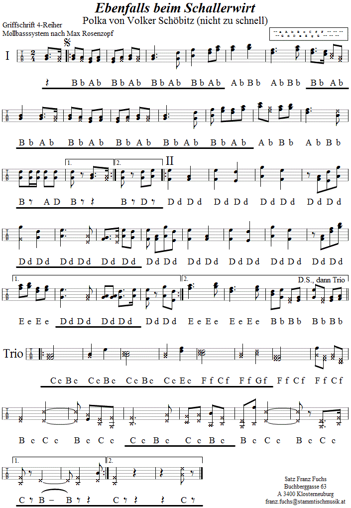 Ebenfalls beim Schallerwirt, Polka von Volker Schöbitz in Griffschrift für 4-reihige Steirische Harmonika. 
Bitte klicken, um die Melodie zu hören.