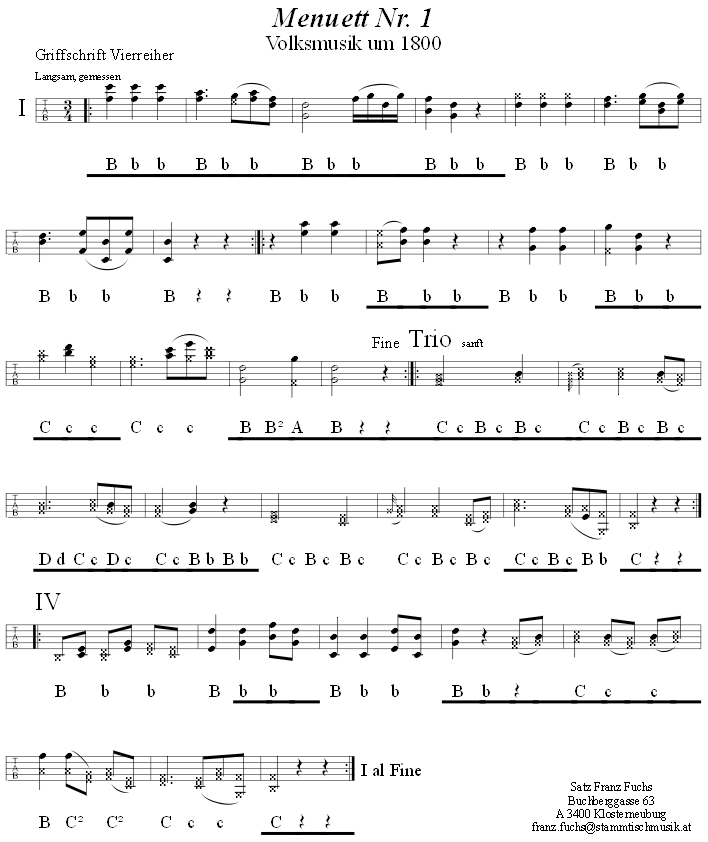 Menuett Nr. 1 in Griffschrift für Steirische Harmonika. 
Bitte klicken, um die Melodie zu hören.