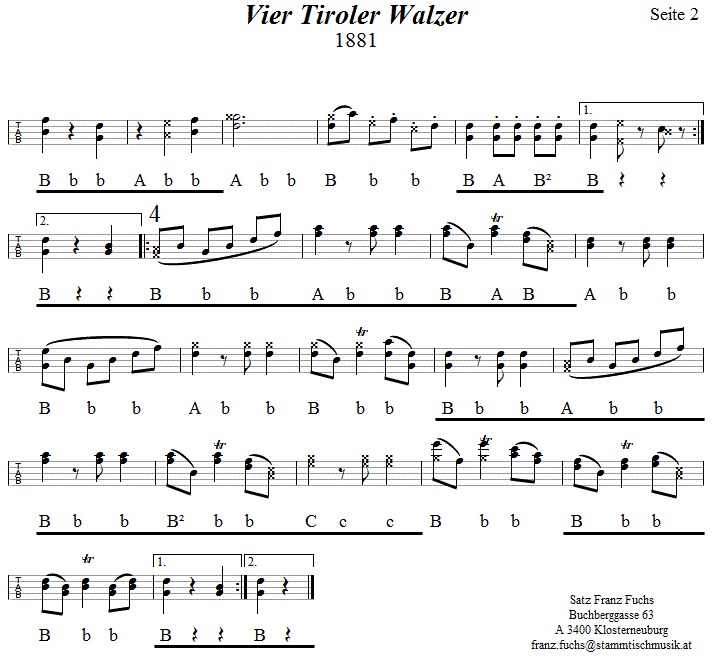Vier Tiroler Walzer in Griffschrift für Steirische Harmonika, Seite 2. 
Bitte klicken, um die Melodie zu hören.