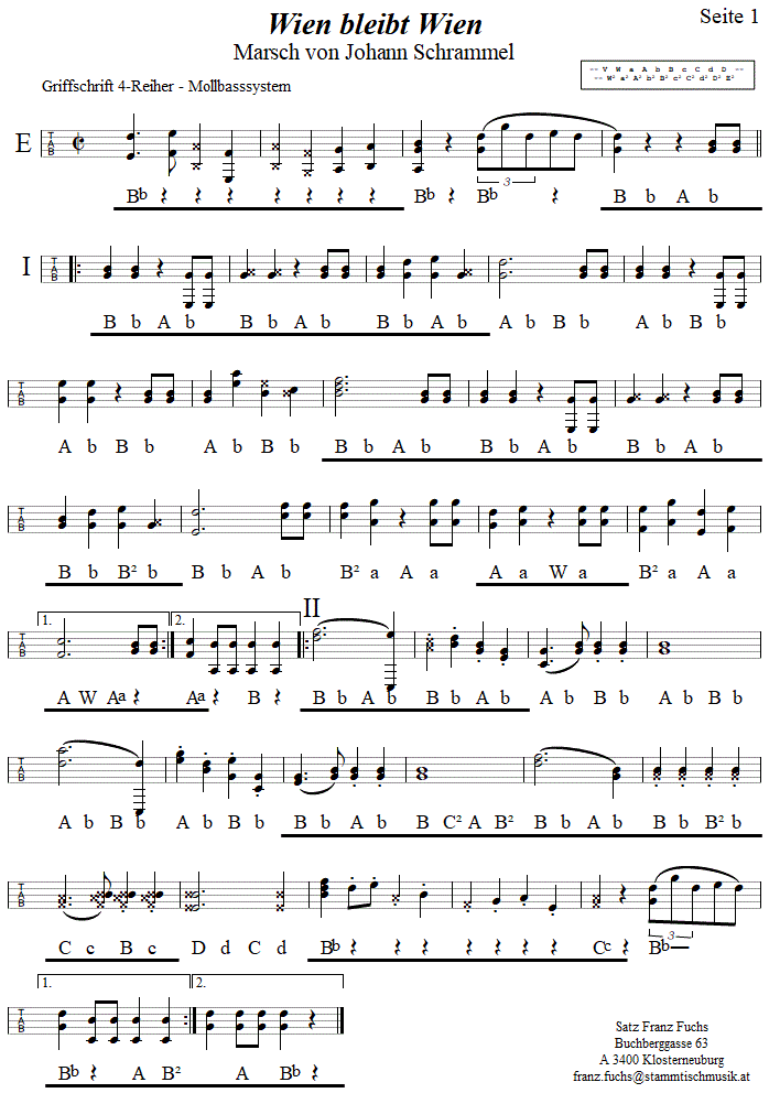 Wien bleibt Wien-Marsch von Johann Schrammel, Seite 1 in Griffschrift fr Steirische Harmonika. 
Bitte klicken, um die Melodie zu hren.