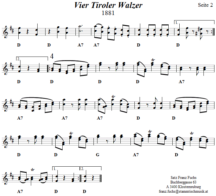 Vier Tiroler Walzer in zweistimmigen Noten, Seite 2. 
Bitte klicken, um die Melodie zu hören.