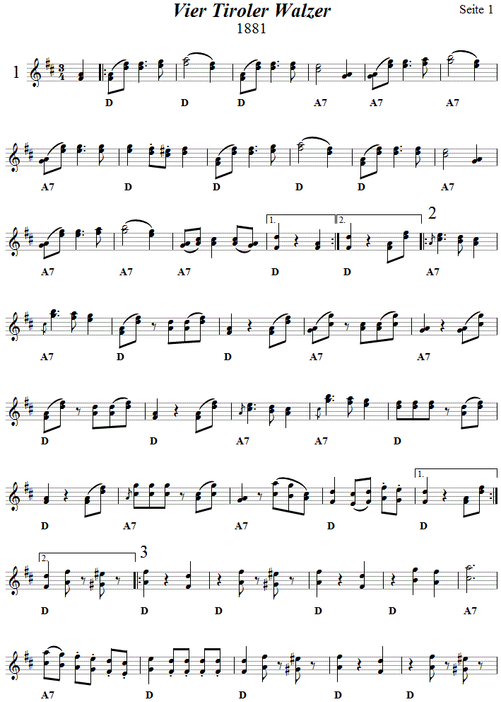 Vier Tiroler Walzer in zweistimmigen Noten, Seite 1. 
Bitte klicken, um die Melodie zu hören.